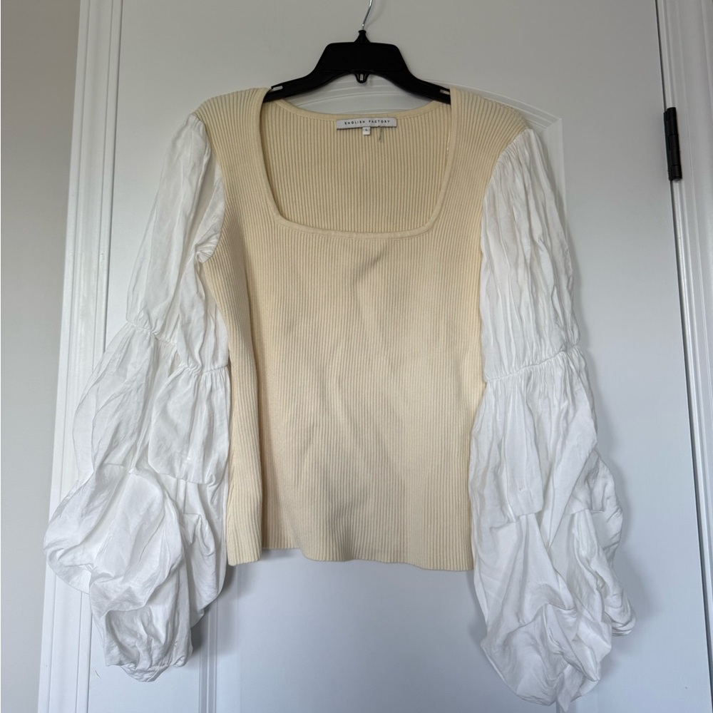 English Factory Cream and White Blouse with Puff Sleeves